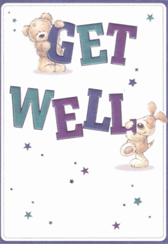In this enchanting get well card, the spirit of Camden's caring community comes to life. Illustrated with loving attention, a sweet-faced bear and a floppy-eared pup share the simple but powerful message of 'Get Well', their figures full of rounded softness that suggests plush fur and puppy warmth, inviting both smile and solace. Playful starbursts in blues and purples pepper the air around, as though scattering good wishes throughout the neighbourhoods framing Camden Town Hall. The lettering stands proud-big, bold, and shaded in vibrant purples and aquas, calling to mind the rich hues of locally grown irises and hydrangeas available at Camden Flowers. There's a sense of touch embedded in these illustrations, textures so vivid it's almost possible to imagine the comforting hug of soft toys-so like the sensation of cradling a calming floral bouquet. Set upon a clean, welcoming background, the card channels hope and clarity, a reflection of early morning strolls along the Regent's Park rose gardens. The overall effect is a joyful, reassuring celebration of care, thoughtfully composed to brighten any hospital bedside or home in Camden, and lift the spirits of those on the road to recovery.
