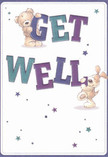 This vibrant get well card, inspired by the lively spirit of Camden, radiates comfort and optimism. Two endearing characters-a snuggly bear and an exuberant puppy-balance and hug the exuberant, colourful letters of 'Get Well', each letter brushed in glowing hues of indigo and teal. Their expressive faces and soft, illustrated textures create an embrace that feels as gentle as a bouquet delivered fresh from Camden Flowers. Strewn across the creamy white background, starbursts in cascading shades of blue and purple add a magical twinkle, conjuring images of starlit evenings by the canal at Camden Lock. There's an undeniable tactile appeal: the bear's downy fur, the pup's floppy velvet ears, inviting a sense of soothing touch that mirrors a comforting floral arrangement. The whole scene is brightened by artistic care and a spirit of healing-this card's message carries heartfelt reassurance, a perfect accompaniment to fresh blooms for anyone recovering in Camden, from Regent's Park to the busy markets and quiet leafy streets beyond.